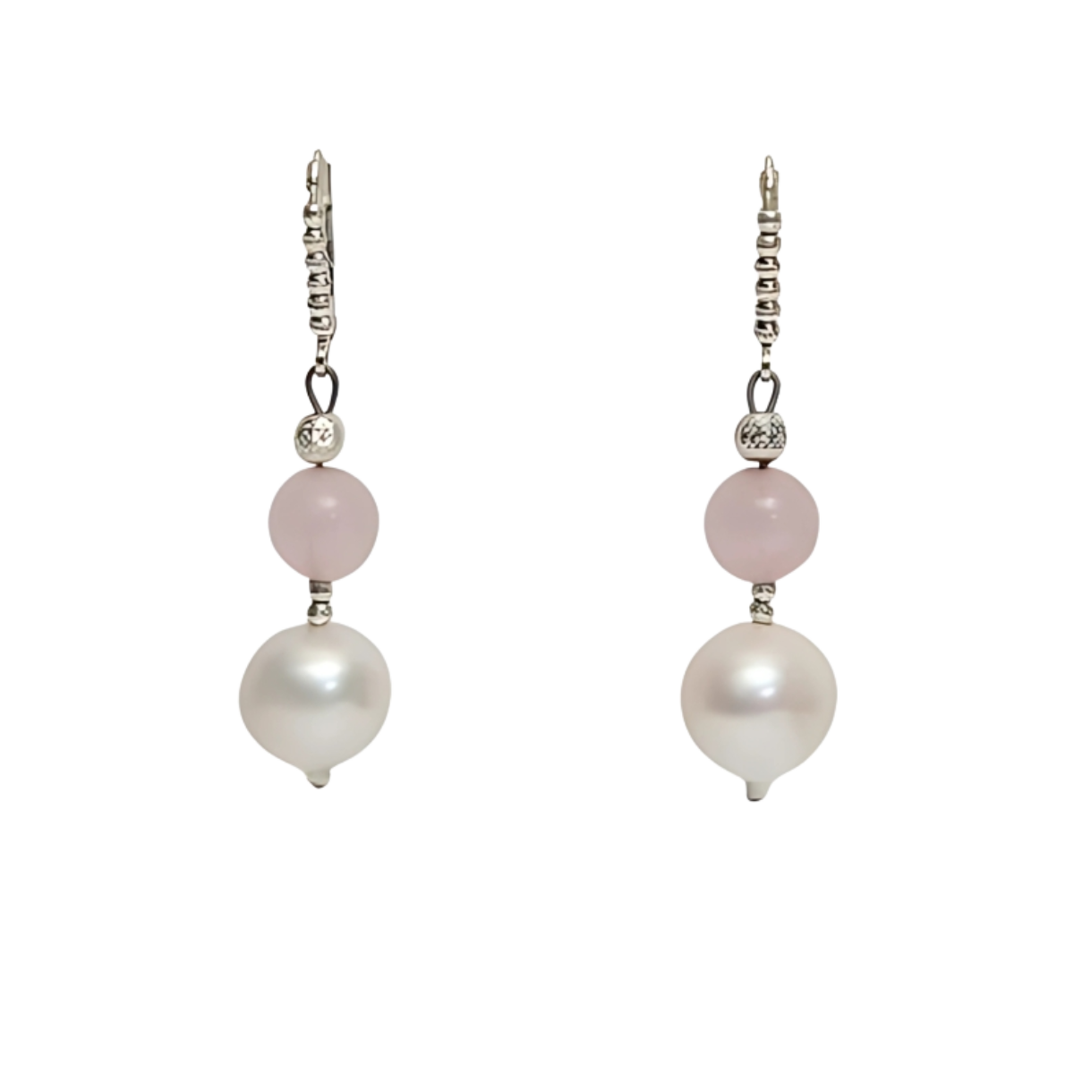 24018 Freshwater White Pearl and Rose Quartz Dangle EarringsBeautifully Accented with Diamond Cut Sterling Silver BeadsIncludes a Certificate of Guarantee