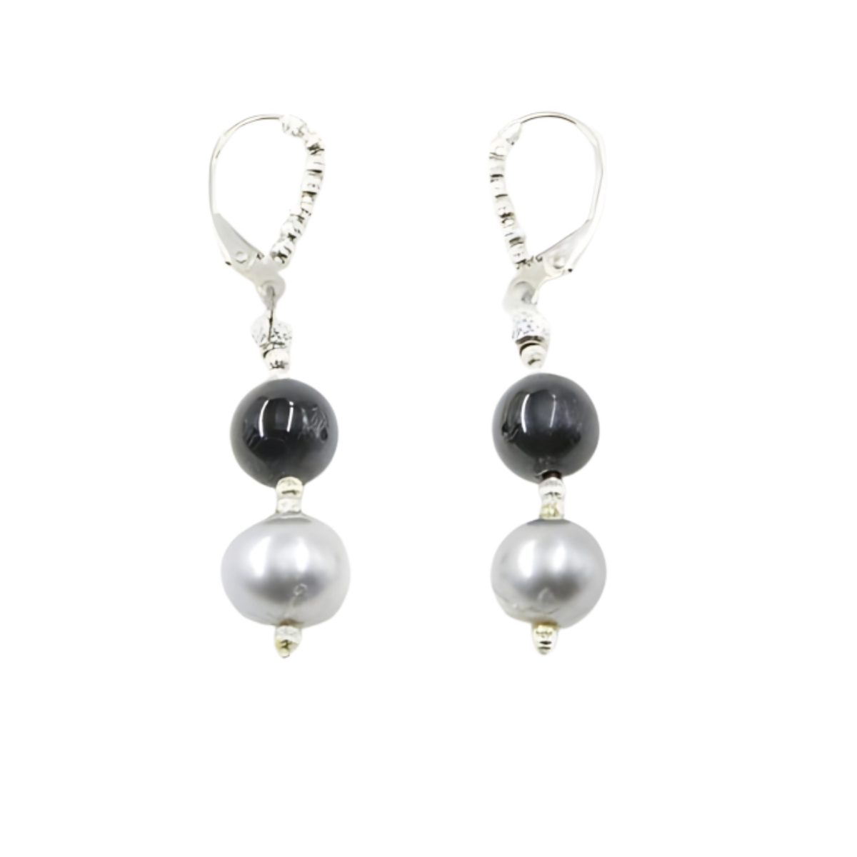 24028 Freshwater Grey Pearl and Onyx Bead Dangle Earrings Beautifully Accented with Diamond Cut Sterling Silver Beads Includes a Certificate of Guarantee