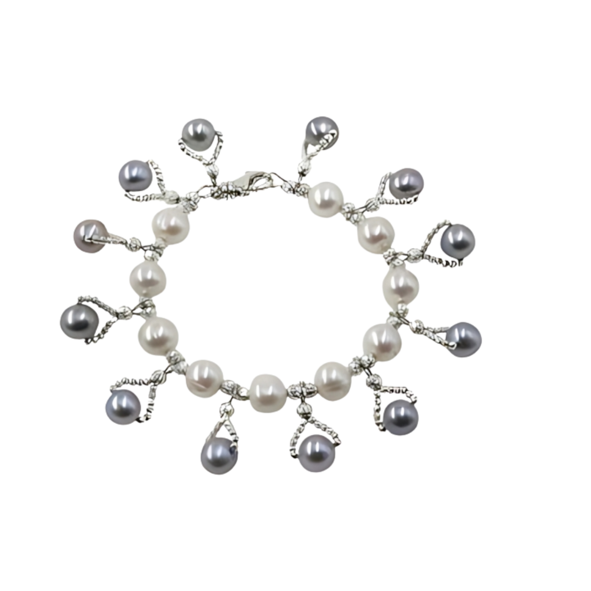 24039 White Freshwater Pearl Bracelet with Black Dyed Grey Pearl DropsBeautifully Accented with Diamond Cut Sterling Silver BeadsIncludes a Certificate of Guarantee