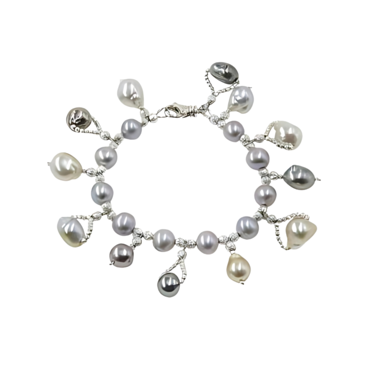 24042 Grey Freshwater Pearl Bracelet With Multicolored South Sea Pearl Drops Beautifully Accented With Diamond Cut Sterling Silver Beads Includes a Certificate of Guarantee