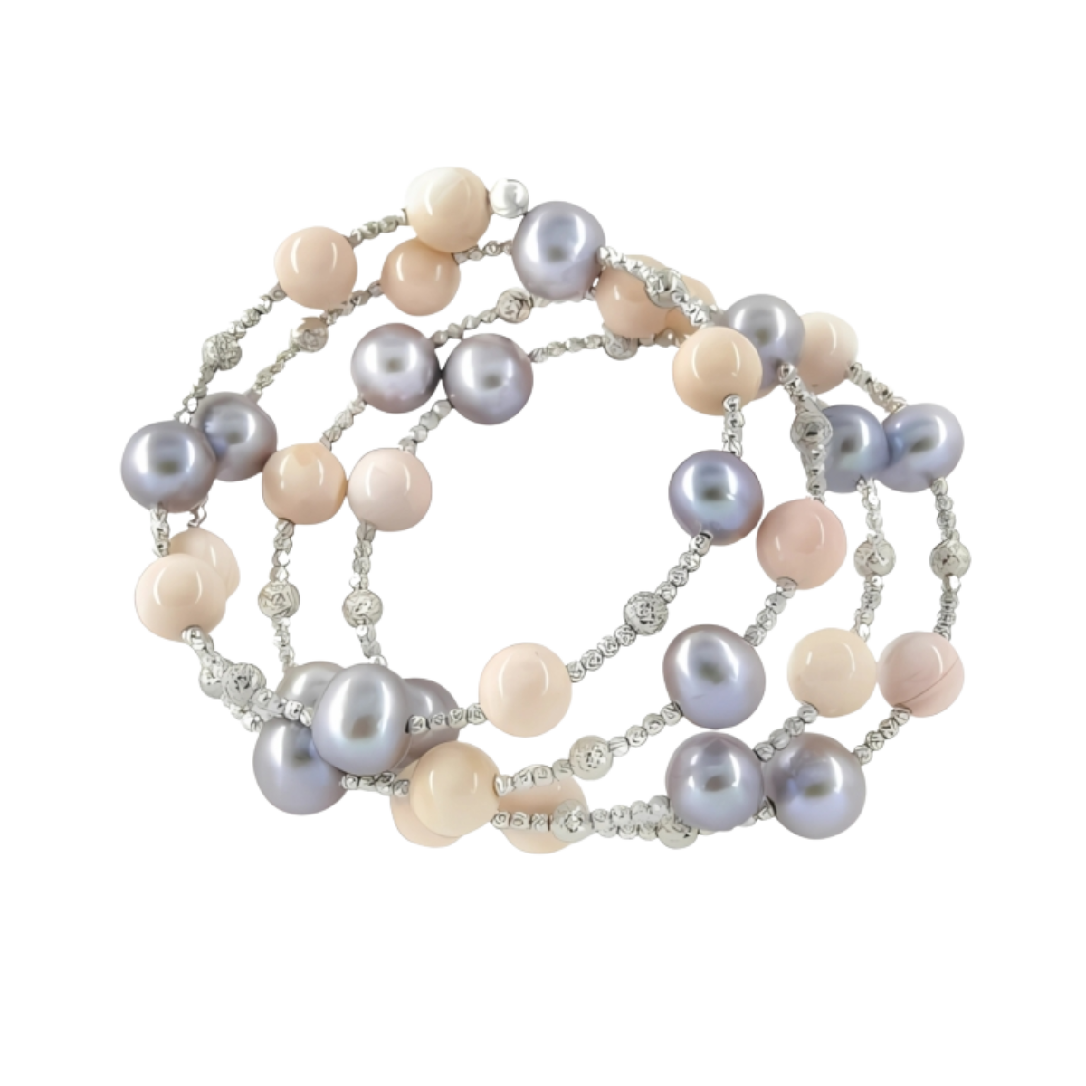 24057 Freshwater Grey Pearls With Coral Beads Spiral Bracelet White GoldBeautifully Accented With Diamond Cut Sterling Silver Beads