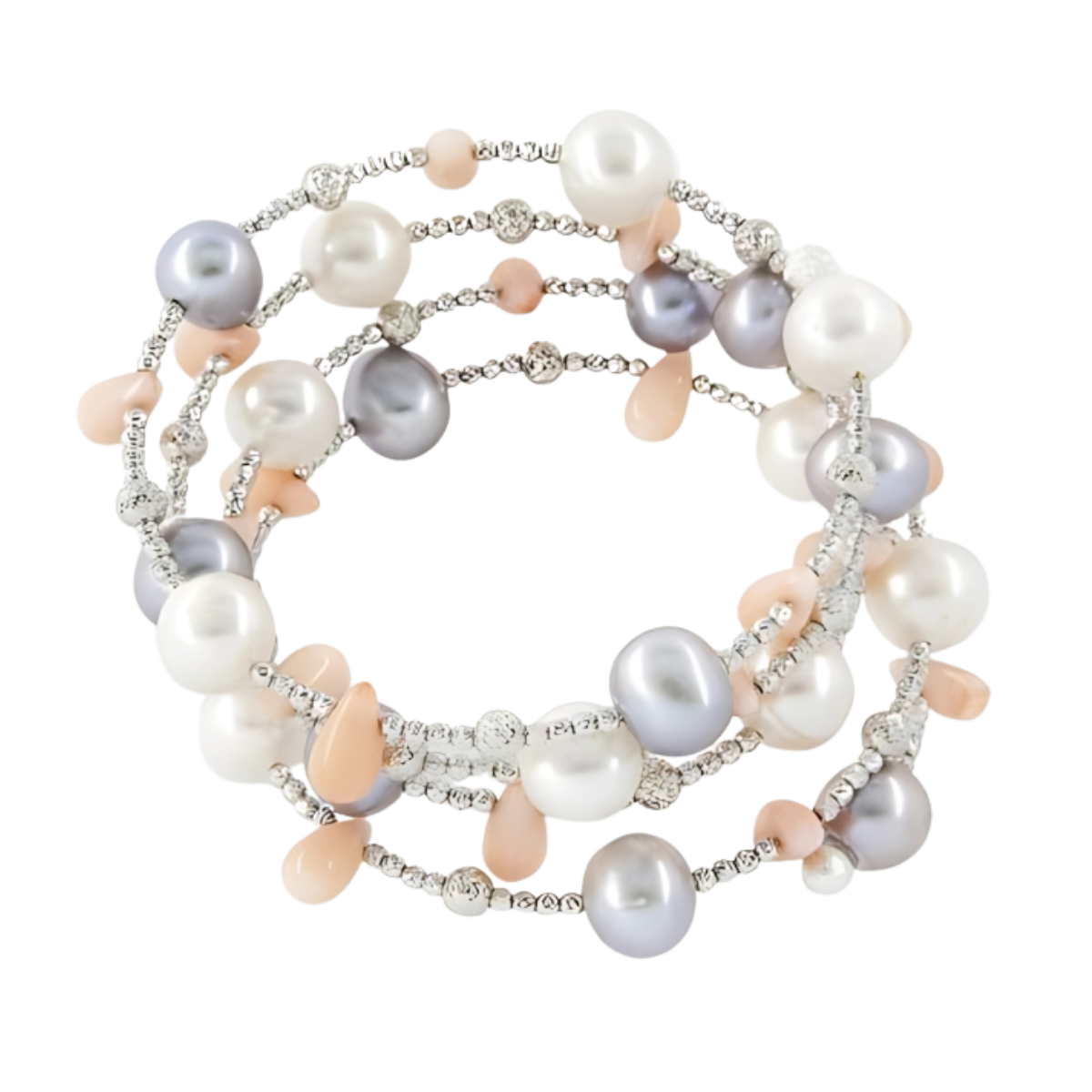 24061 Grey and White Pearl Spiral Bracelet with Coral Beads and White Gold BeadsBeautifully Accented With Diamond Cut Sterling Silver BeadsIncludes a Certificate of Guarantee (1)