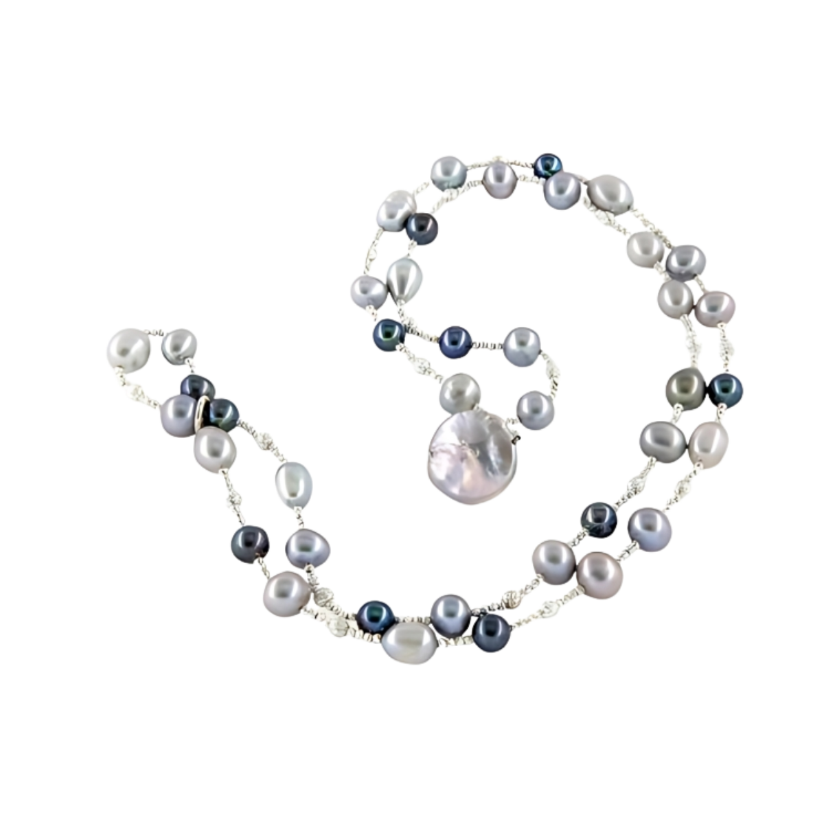 24078A Grey & Black Tahitian Pearl Wrap BraceletBeautifully Accented With Diamond Cut Sterling Silver Beads