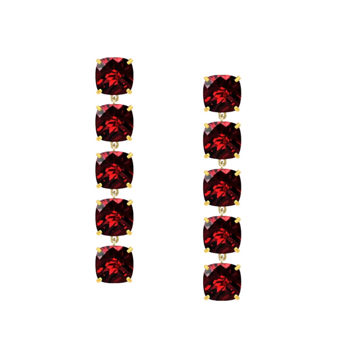 24129 Rhodolite Garnet Dangle Drop Earrings Designed & Handmade by Kaufmann de Suisse in 18kt Yellow Gold featuring 12 Cushion Cut Rhodolite Garnets weighihng a total of 19.44cts