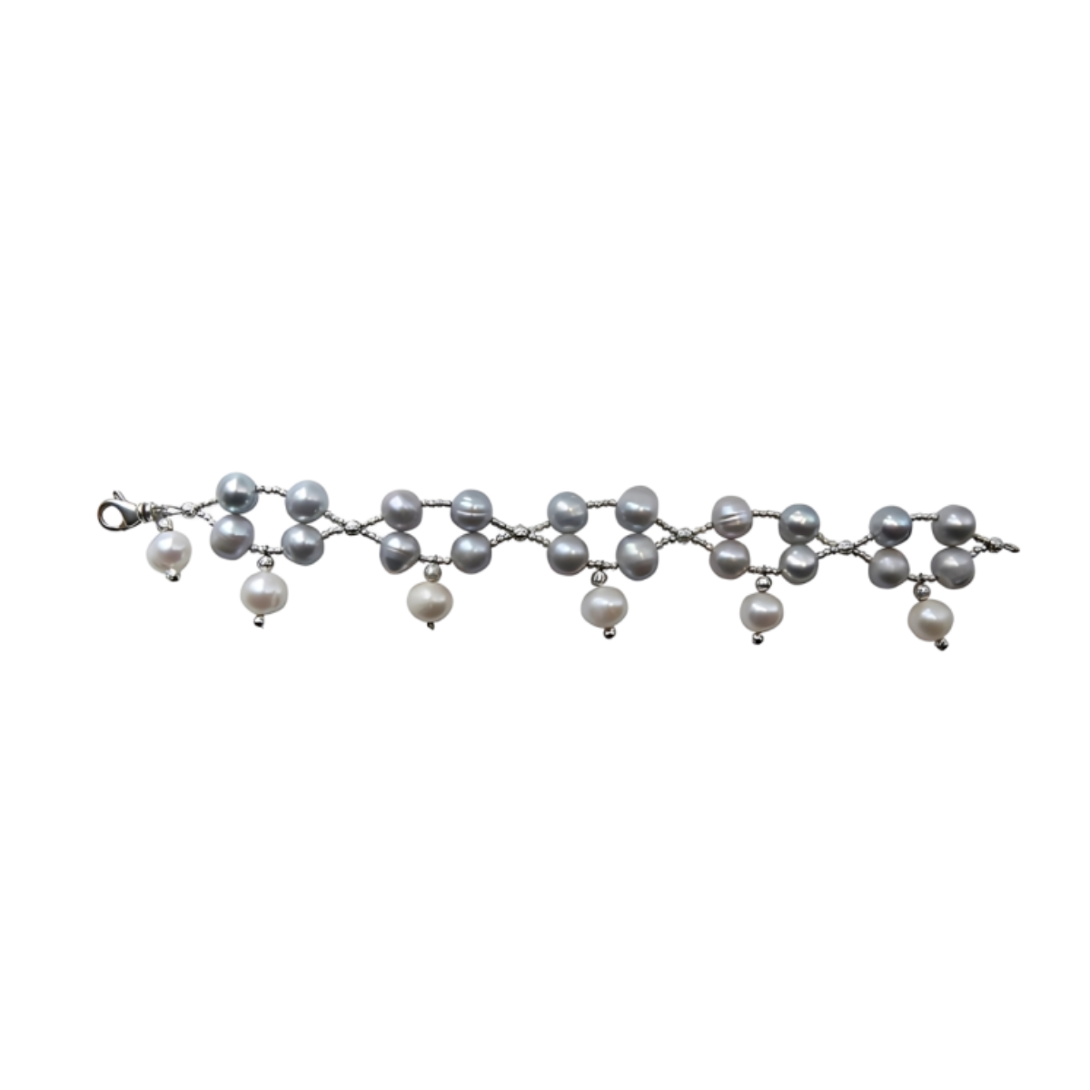 24140 Pentagon Shape Freshwater Grey Pearl Bracelet with White Pearl DropsBeautifully Accented With Diamond Cut Sterling Silver BeadsIncludes a Certificate of Guarantee