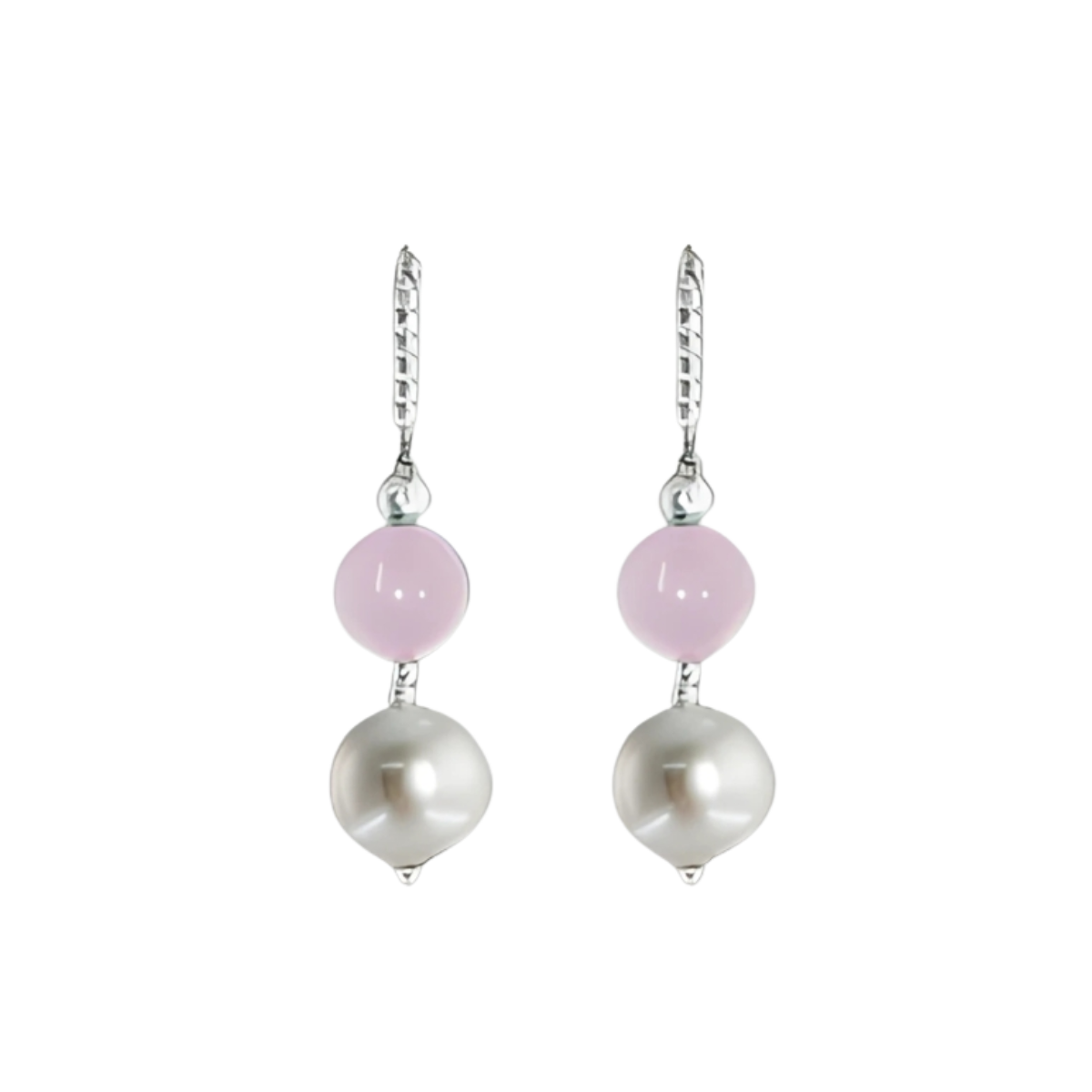 24394 Rose Quartz and Freshwater White Pearl EarringsBeautifully Accented With Diamond Cut Sterling Silver Beads