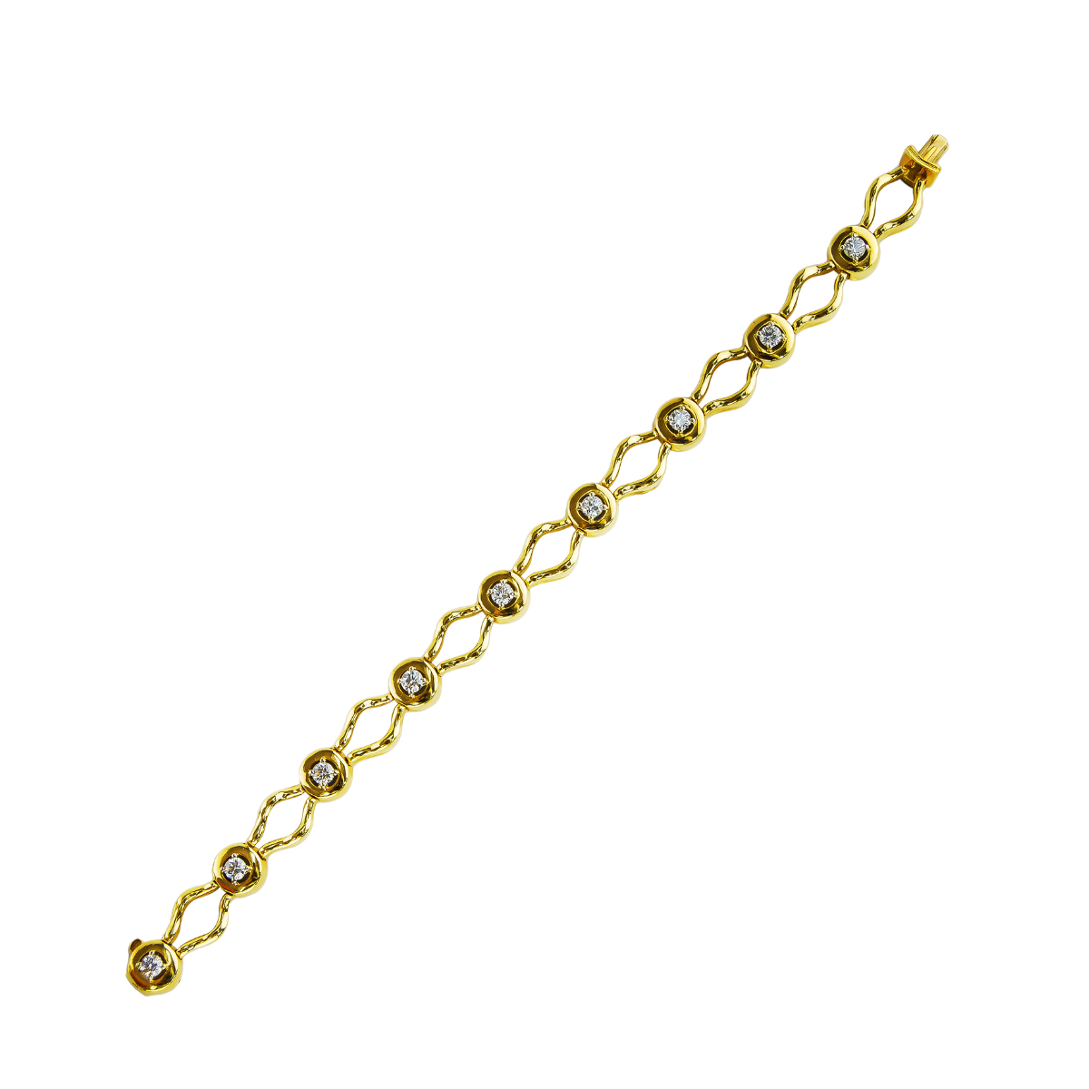 30776 Open Flowing Lines Diamond Bracelet Designed and Handmade by Kaufmann de Suisse in 18kt Yellow Gold featuring 9 Round Brilliant cut GVS Quality Diamonds weighing a total of 1.61cts.