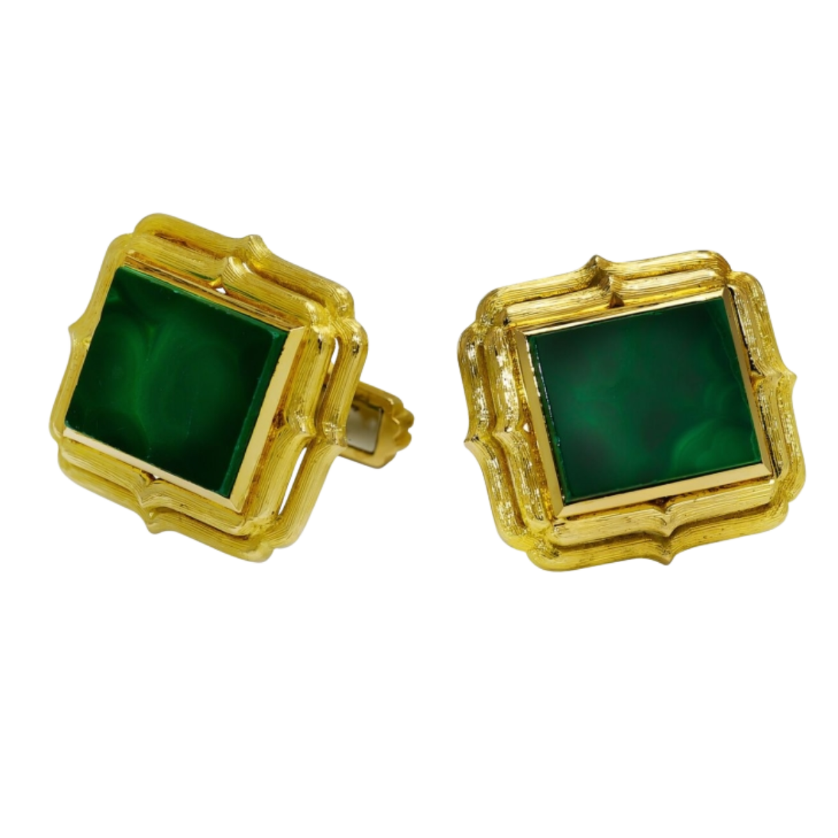 3777 Malachite Cufflinks Designed & Handmade by Kaufmann de Suisse in 18kt Yellow Gold featuring 2 Rectangular Cut Malachites weighing a total of 26.10cts