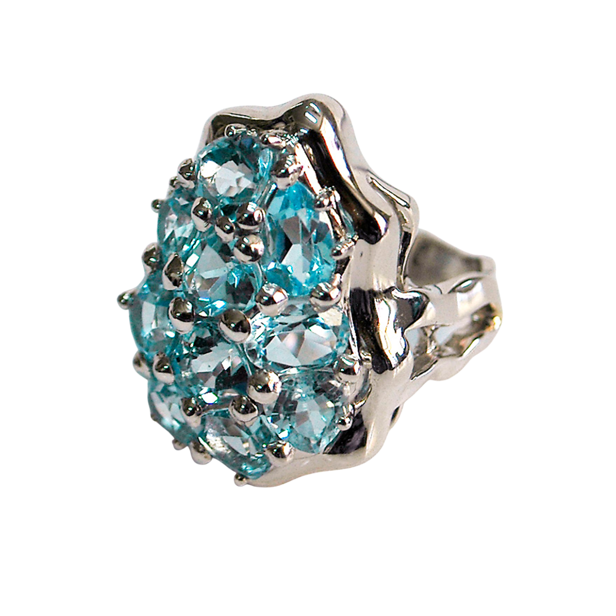 40196 Blue Topaz Wave Ring Designed & Handmade by Kaufmann de Suisse in 18kt White Gold featuring 10 Mixed Cut Light Blue Topaz weighing a total of 9.82cts