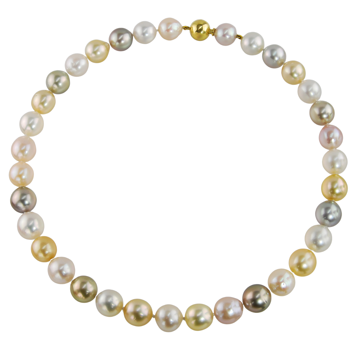 40372 17.5 Inch Pastel Color South Sea Pearl Strand Necklace featuring 34 off Round Multi color South Sea Pearls measuring from 11 to 11.5mm strung on an 18kt Yellow Gold Bayonette Clasp