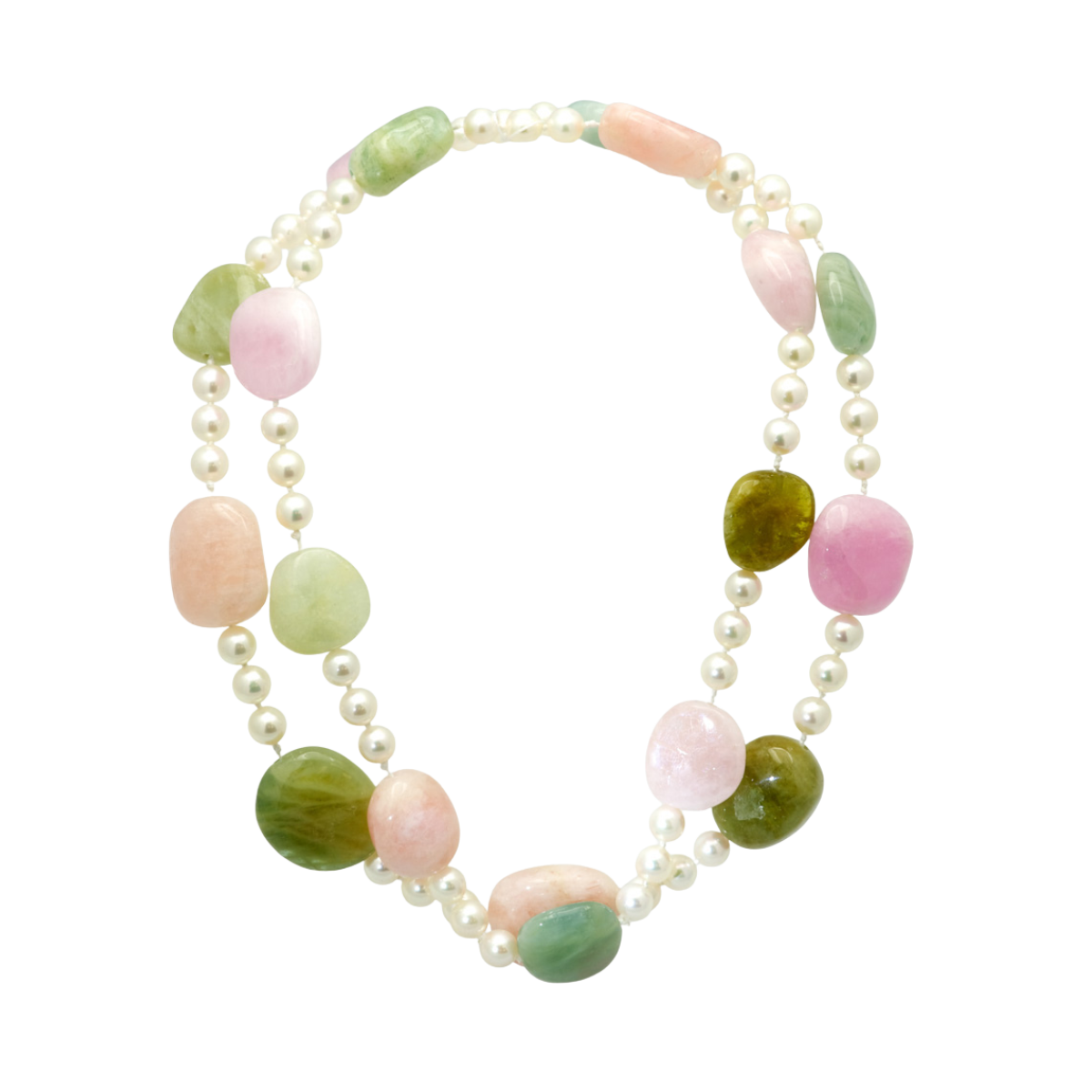 40450 36 Inch Tourmaline Tumble Gemstones and Akoya Pearl Necklace featuring 9 Pink and 9 Green Tourmaline Tumble Gemstones and 54 Akoya 7 8mm Pearls