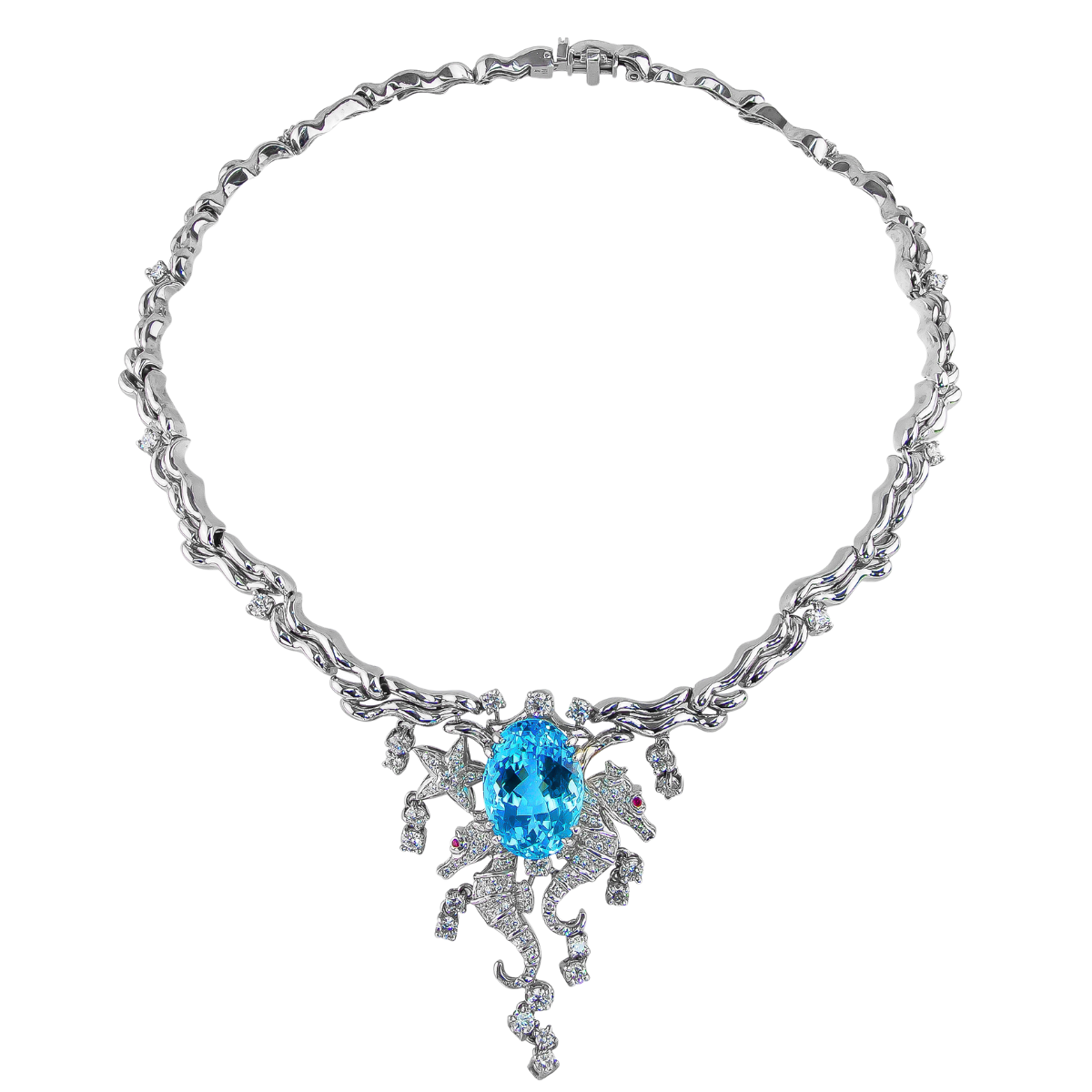 40882 Dancing Seahorse Diamond and Blue Topaz Necklace Designed and Handmade by Kaufmann de Suisse in 18kt White Gold featuring 1 Oval Blue Topaz weighing 32.20cts