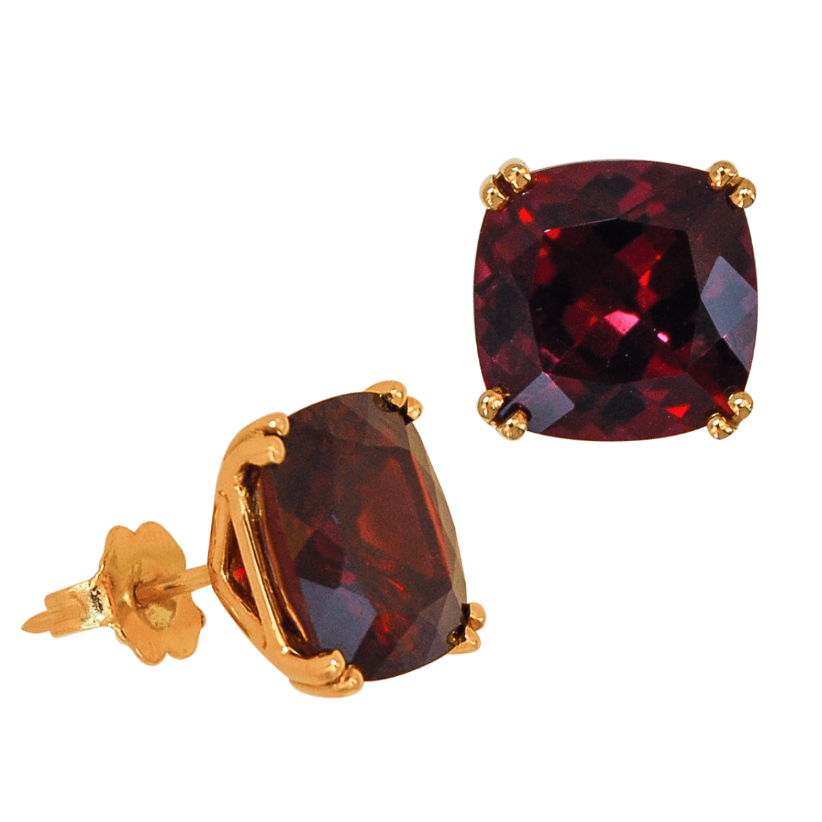 41368 Rhodolite Garnet Studs Designed & Handmade by Kaufmann de Suisse in 18kt Yellow Gold featuring 2 Cushion Cut Rhodolite Garnets weighing a total of 13.28cts