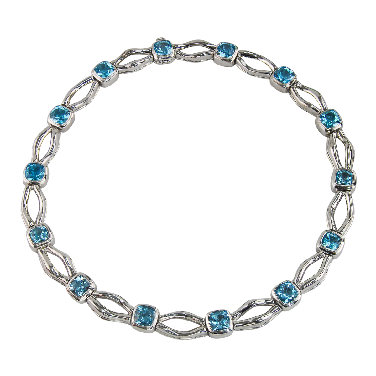 41596 Tsarina Blue Topaz Necklace Designed and Handmade by Kaufmann de Suisse in Platinum plated Silver featuring 14 Cushion cut Blue Topaz weighing a total of 66.28cts