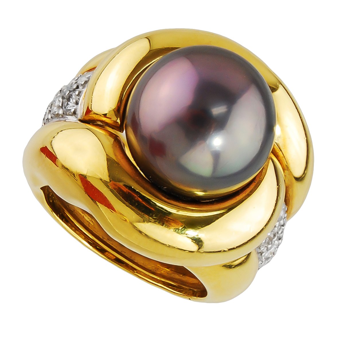 9260 Tahitian Pearl & Diamond Ring Designed & Handmade by Kaufmann de Suisse in 18kt Yellow Gold & Platinum featuring one Black Tahitian South Sea Cultured Pearl measuring 11.90x12.00mm mounted